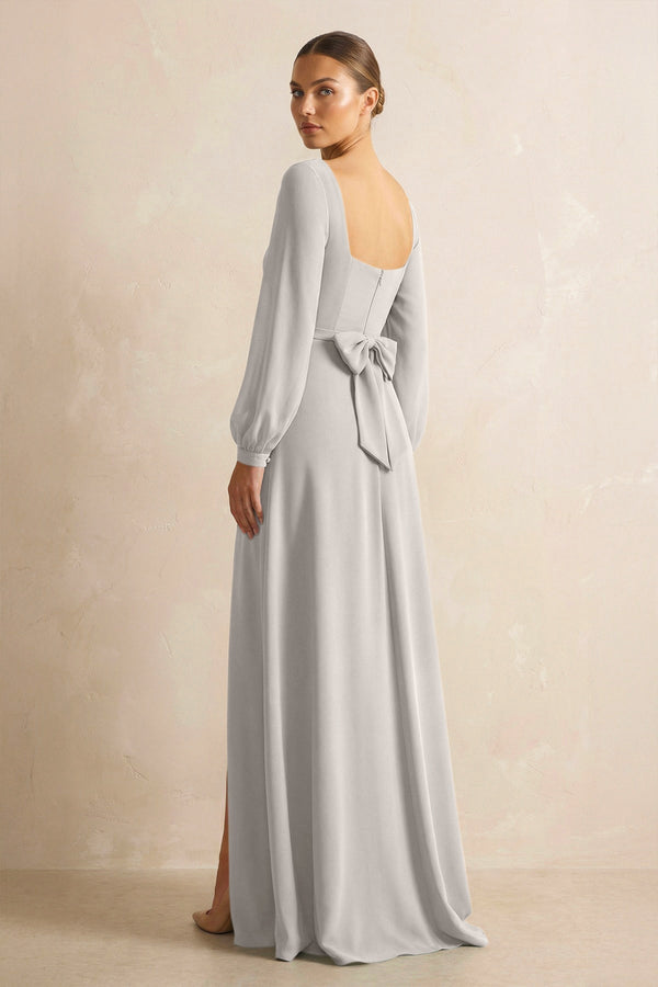 Square Neck Long Sleeves Chiffon Sheath Bridesmaid Dress in Silver - KissProm Bridesmaid Dresses