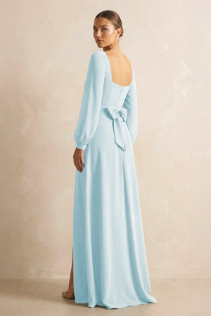 Square Neck Long Sleeves Chiffon Sheath Bridesmaid Dress in Sky Blue - KissProm Bridesmaid Dresses