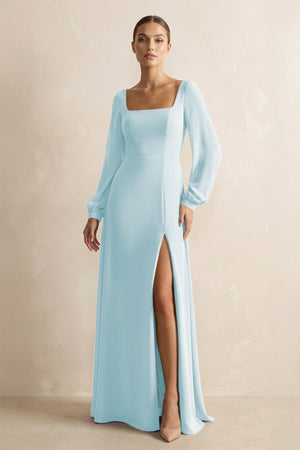 Square Neck Long Sleeves Chiffon Sheath Bridesmaid Dress in Sky Blue - KissProm Bridesmaid Dresses