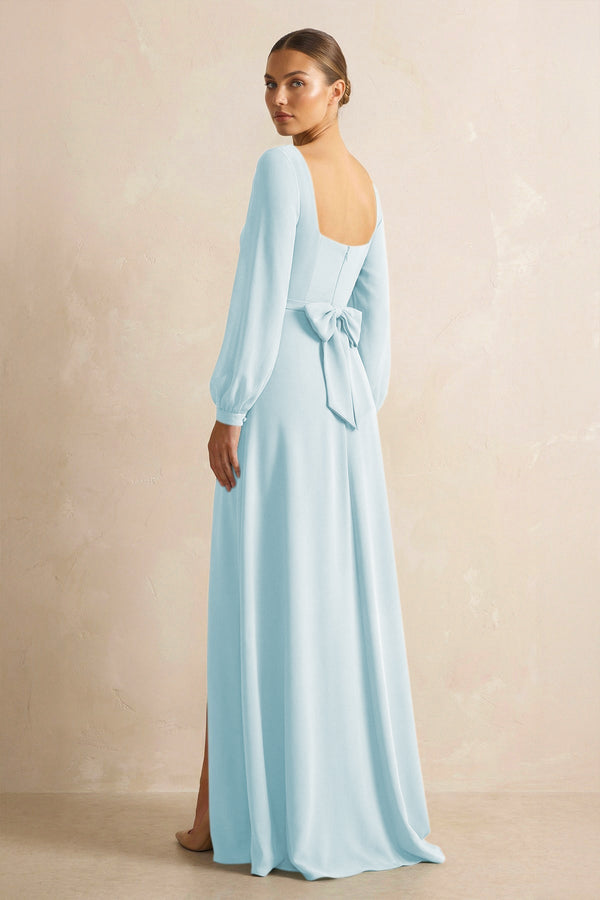 Square Neck Long Sleeves Chiffon Sheath Bridesmaid Dress in Sky Blue - KissProm Bridesmaid Dresses