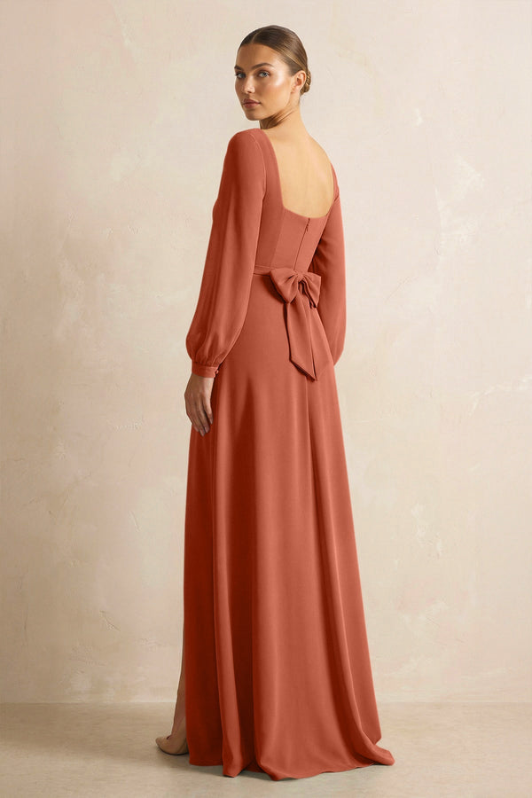 Square Neck Long Sleeves Chiffon Sheath Bridesmaid Dress in Spice - KissProm Bridesmaid Dresses