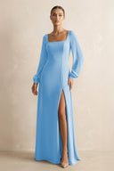 Square Neck Long Sleeves Chiffon Sheath Bridesmaid Dress in Steel Blue - KissProm Bridesmaid Dresses