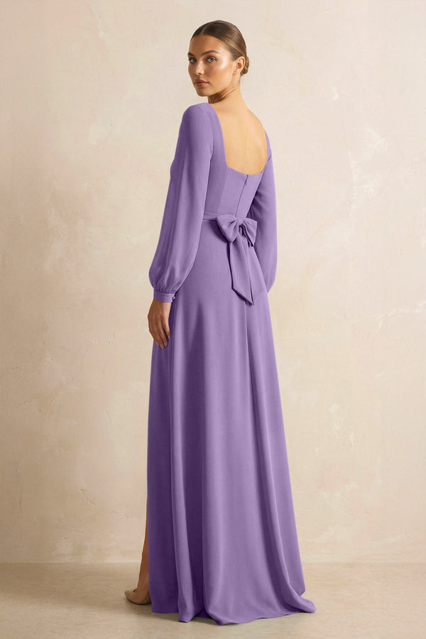 Square Neck Long Sleeves Chiffon Sheath Bridesmaid Dress in Tahiti - KissProm Bridesmaid Dresses