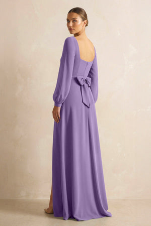 Square Neck Long Sleeves Chiffon Sheath Bridesmaid Dress in Tahiti - KissProm Bridesmaid Dresses