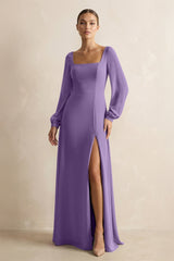 Square Neck Long Sleeves Chiffon Sheath Bridesmaid Dress in Tahiti - KissProm Bridesmaid Dresses