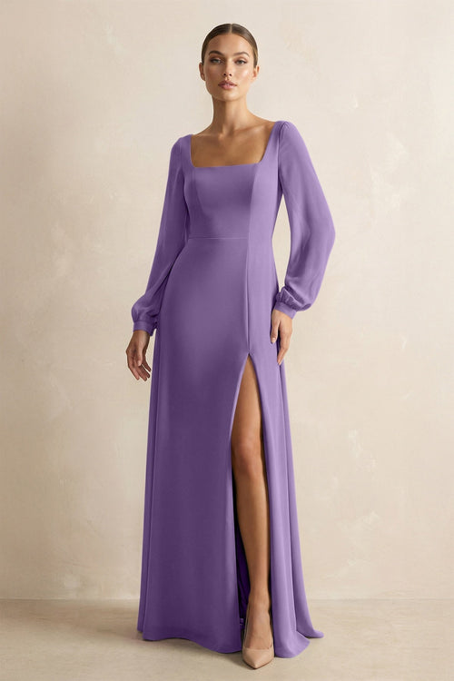 Square Neck Long Sleeves Chiffon Sheath Bridesmaid Dress in Tahiti - KissProm Bridesmaid Dresses