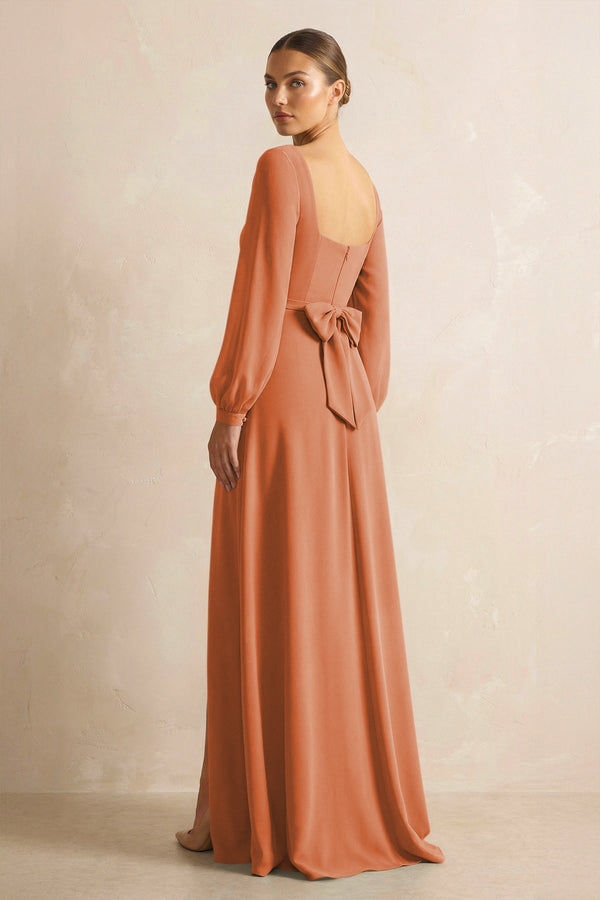Square Neck Long Sleeves Chiffon Sheath Bridesmaid Dress in Terracotta - KissProm Bridesmaid Dresses