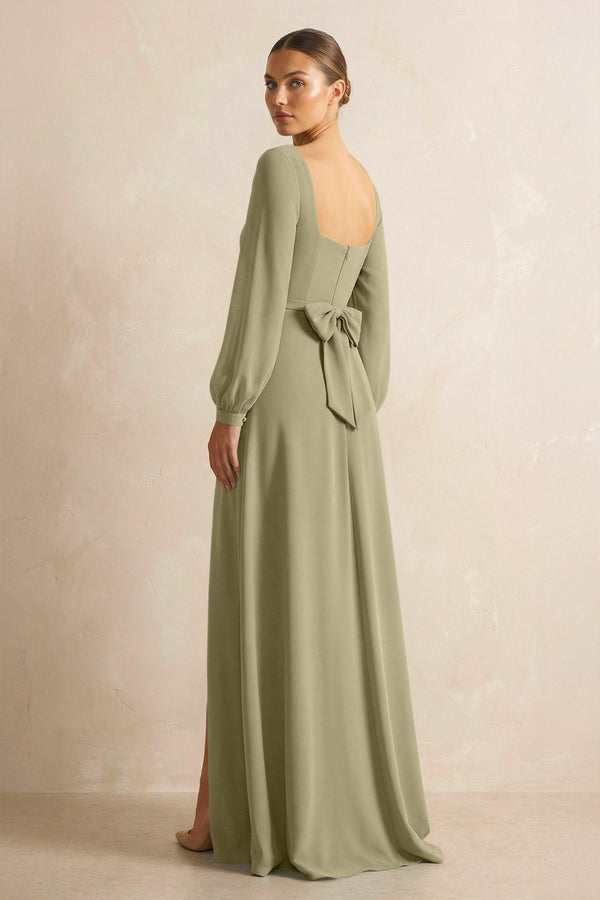 Square Neck Long Sleeves Chiffon Sheath Bridesmaid Dress in Thyme - KissProm Bridesmaid Dresses