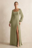 Square Neck Long Sleeves Chiffon Sheath Bridesmaid Dress in Thyme - KissProm Bridesmaid Dresses