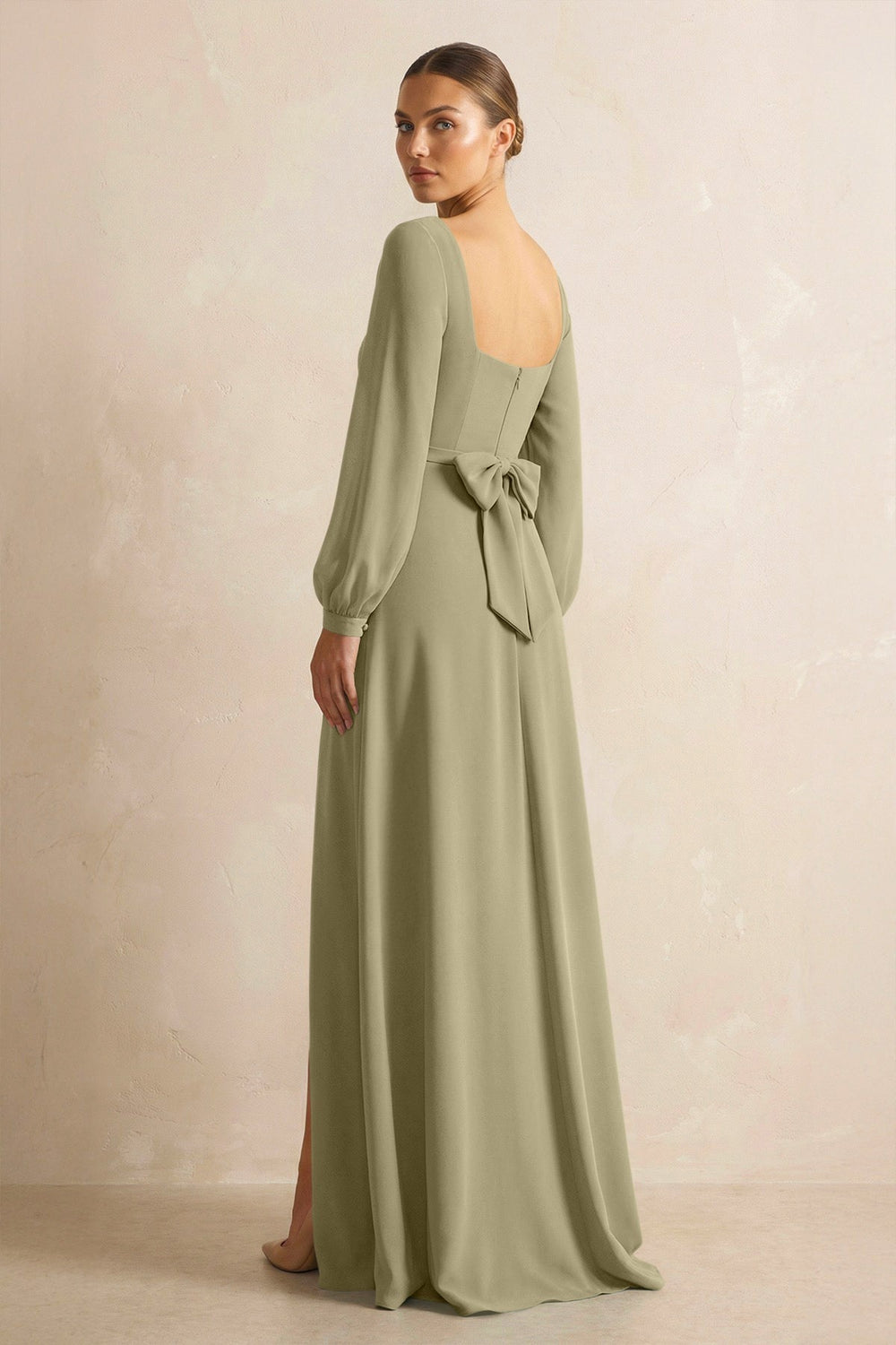 Square Neck Long Sleeves Chiffon Sheath Bridesmaid Dress in Thyme - KissProm Bridesmaid Dresses