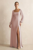 Square Neck Long Sleeves Chiffon Sheath Bridesmaid Dress in Toffee - KissProm Bridesmaid Dresses