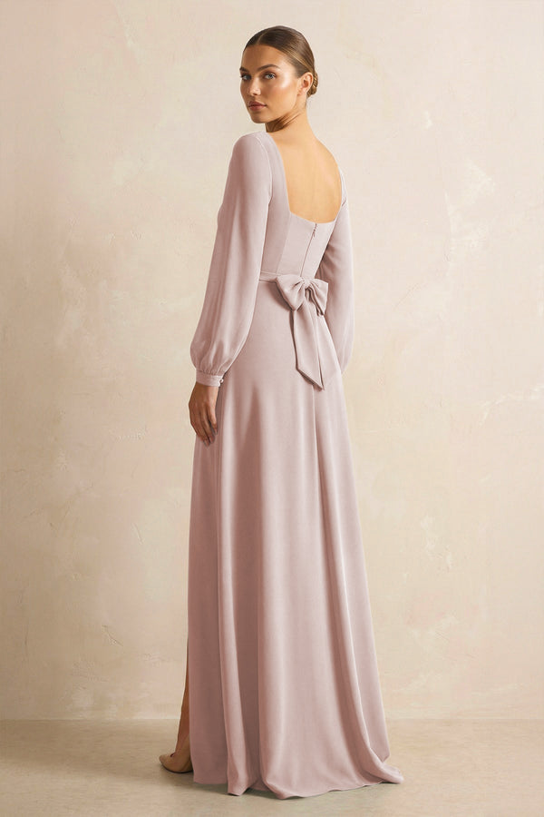 Square Neck Long Sleeves Chiffon Sheath Bridesmaid Dress in Toffee - KissProm Bridesmaid Dresses