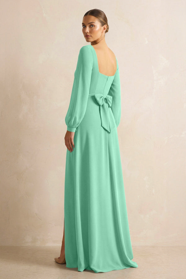 Square Neck Long Sleeves Chiffon Sheath Bridesmaid Dress in Turquoise - KissProm Bridesmaid Dresses