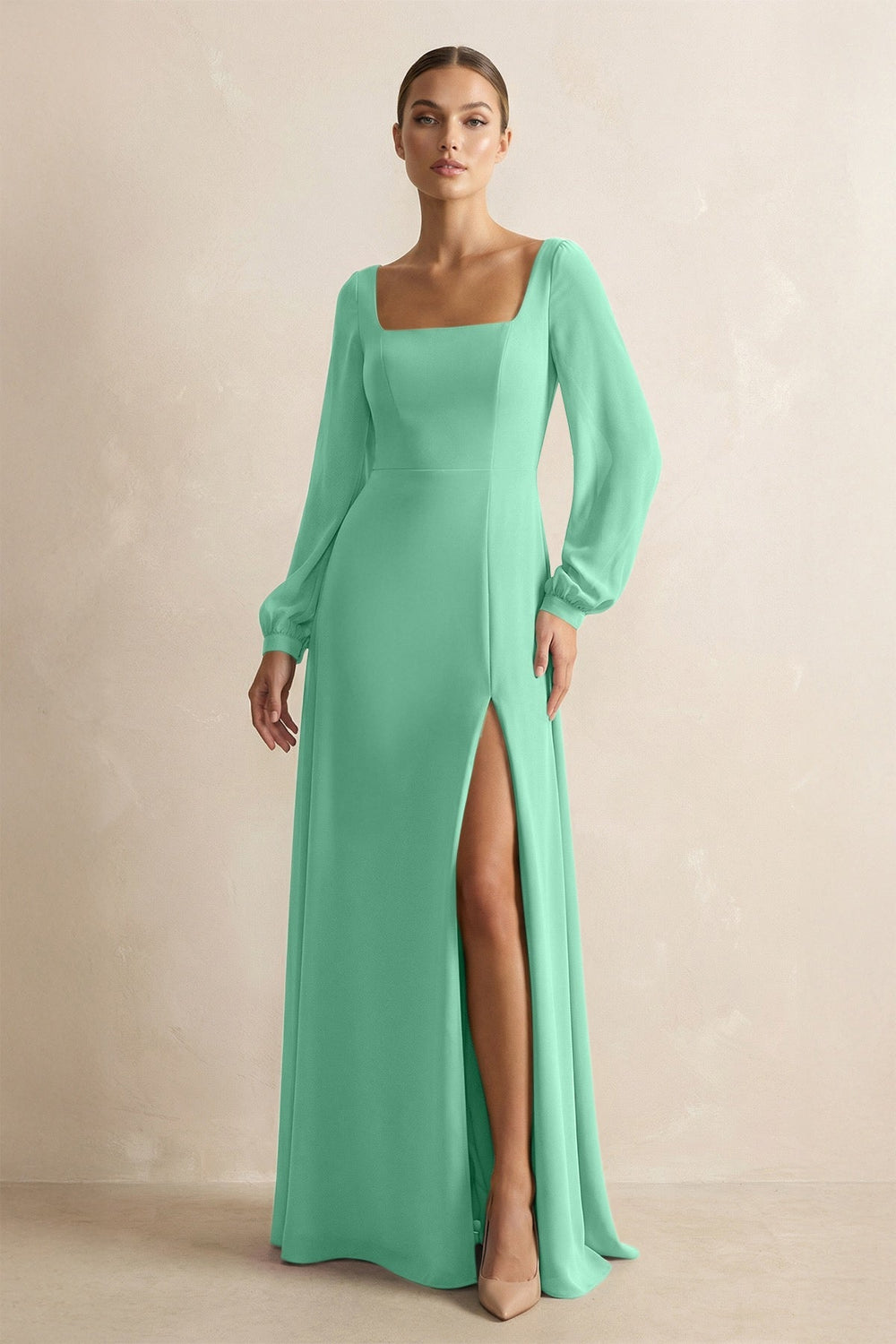Square Neck Long Sleeves Chiffon Sheath Bridesmaid Dress in Turquoise - KissProm Bridesmaid Dresses