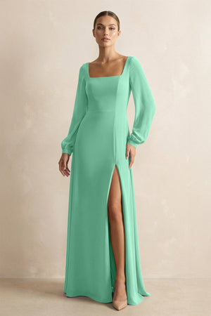 Square Neck Long Sleeves Chiffon Sheath Bridesmaid Dress in Turquoise - KissProm Bridesmaid Dresses