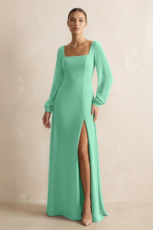 Square Neck Long Sleeves Chiffon Sheath Bridesmaid Dress in Turquoise - KissProm Bridesmaid Dresses