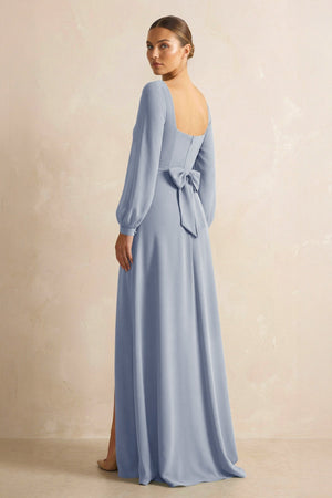 Square Neck Long Sleeves Chiffon Sheath Bridesmaid Dress in Twilight - KissProm Bridesmaid Dresses