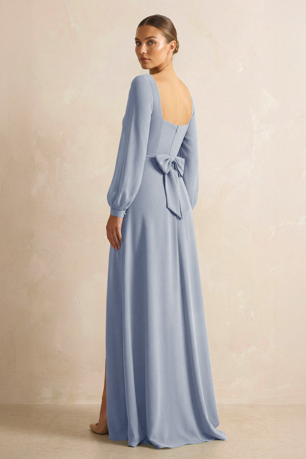 Square Neck Long Sleeves Chiffon Sheath Bridesmaid Dress in Twilight - KissProm Bridesmaid Dresses