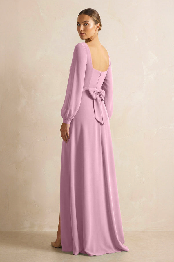 Square Neck Long Sleeves Chiffon Sheath Bridesmaid Dress in Vintage Mauve - KissProm Bridesmaid Dresses