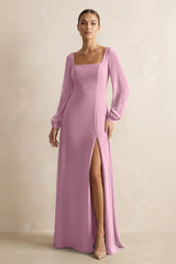 Square Neck Long Sleeves Chiffon Sheath Bridesmaid Dress in Vintage Mauve - KissProm Bridesmaid Dresses