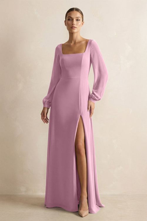 Square Neck Long Sleeves Chiffon Sheath Bridesmaid Dress in Vintage Mauve - KissProm Bridesmaid Dresses