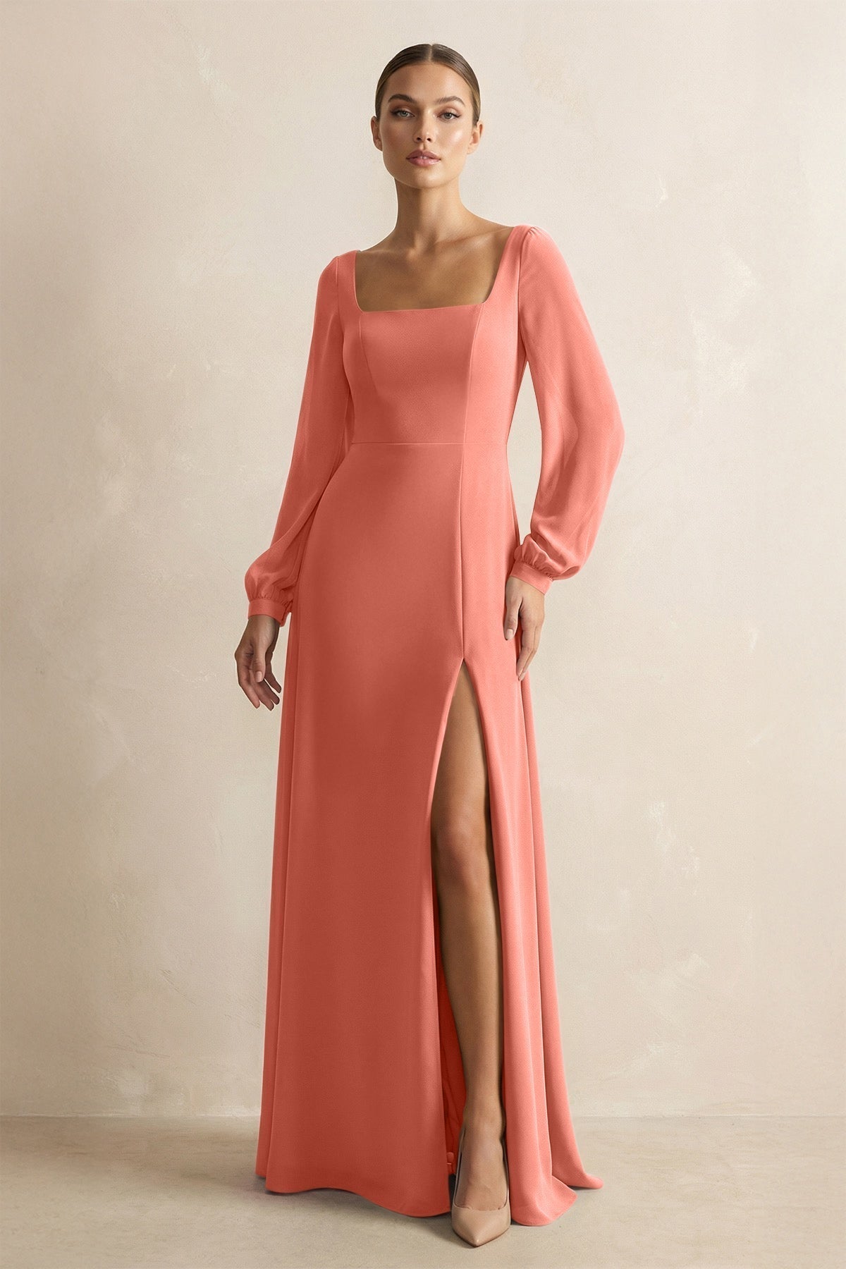 KissProm Square Neck Long Sleeves Chiffon Sheath Bridesmaid Dress in Wild Rose, Wild Rose / 2