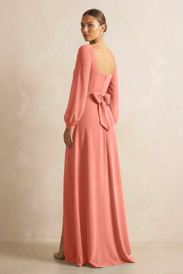 Square Neck Long Sleeves Chiffon Sheath Bridesmaid Dress in Wild Rose - KissProm Bridesmaid Dresses