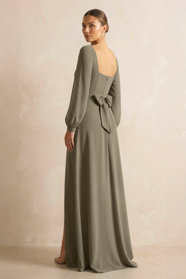 Square Neck Long Sleeves Chiffon Sheath Bridesmaid Dress in Willow Green - KissProm Bridesmaid Dresses