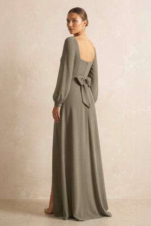 Square Neck Long Sleeves Chiffon Sheath Bridesmaid Dress in Willow Green - KissProm Bridesmaid Dresses