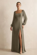 Square Neck Long Sleeves Chiffon Sheath Bridesmaid Dress in Willow Green - KissProm Bridesmaid Dresses