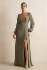Square Neck Long Sleeves Chiffon Sheath Bridesmaid Dress in Willow Green - KissProm Bridesmaid Dresses