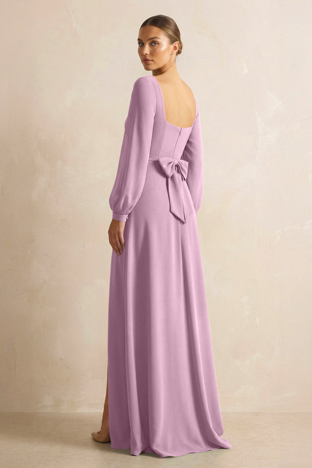 Square Neck Long Sleeves Chiffon Sheath Bridesmaid Dress in Wisteria - KissProm Bridesmaid Dresses