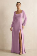Square Neck Long Sleeves Chiffon Sheath Bridesmaid Dress in Wisteria - KissProm Bridesmaid Dresses