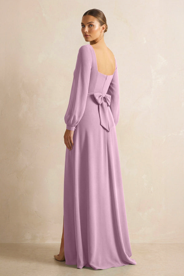 Square Neck Long Sleeves Chiffon Sheath Bridesmaid Dress in Wisteria - KissProm Bridesmaid Dresses