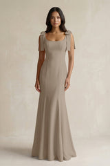 Square Neck Mermaid Bridesmaid Dress With Bow in Almond - KissProm Bridesmaid Dresses