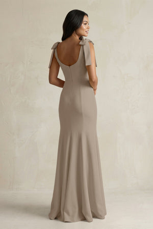 Square Neck Mermaid Bridesmaid Dress With Bow in Almond - KissProm Bridesmaid Dresses