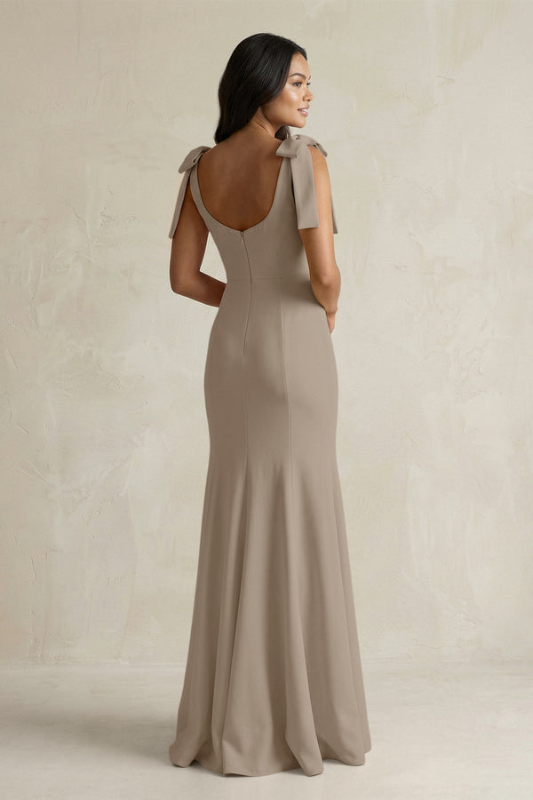 Square Neck Mermaid Bridesmaid Dress With Bow in Almond - KissProm Bridesmaid Dresses