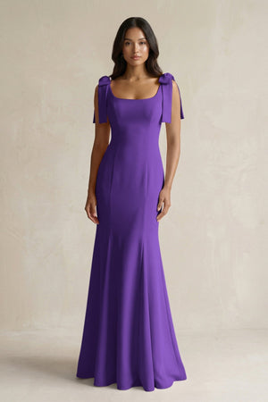 Square Neck Mermaid Bridesmaid Dress With Bow in Amethyst - KissProm Bridesmaid Dresses