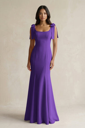 Square Neck Mermaid Bridesmaid Dress With Bow in Amethyst - KissProm Bridesmaid Dresses