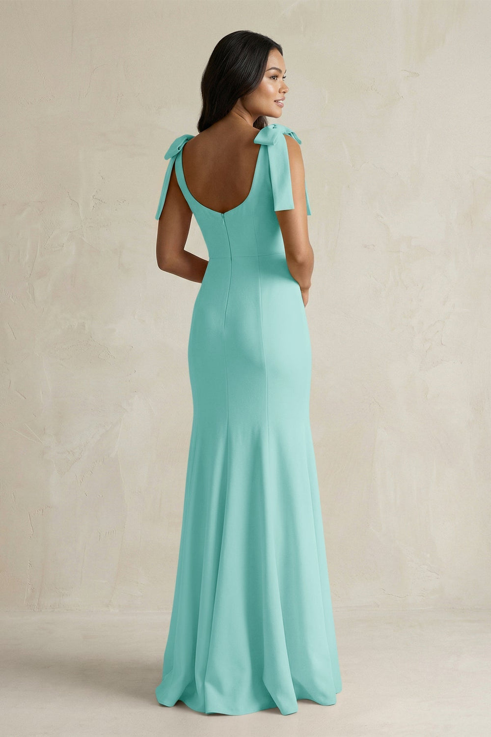 Square Neck Mermaid Bridesmaid Dress With Bow in Aqua - KissProm Bridesmaid Dresses