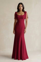 Square Neck Mermaid Bridesmaid Dress With Bow in Berry - KissProm Bridesmaid Dresses