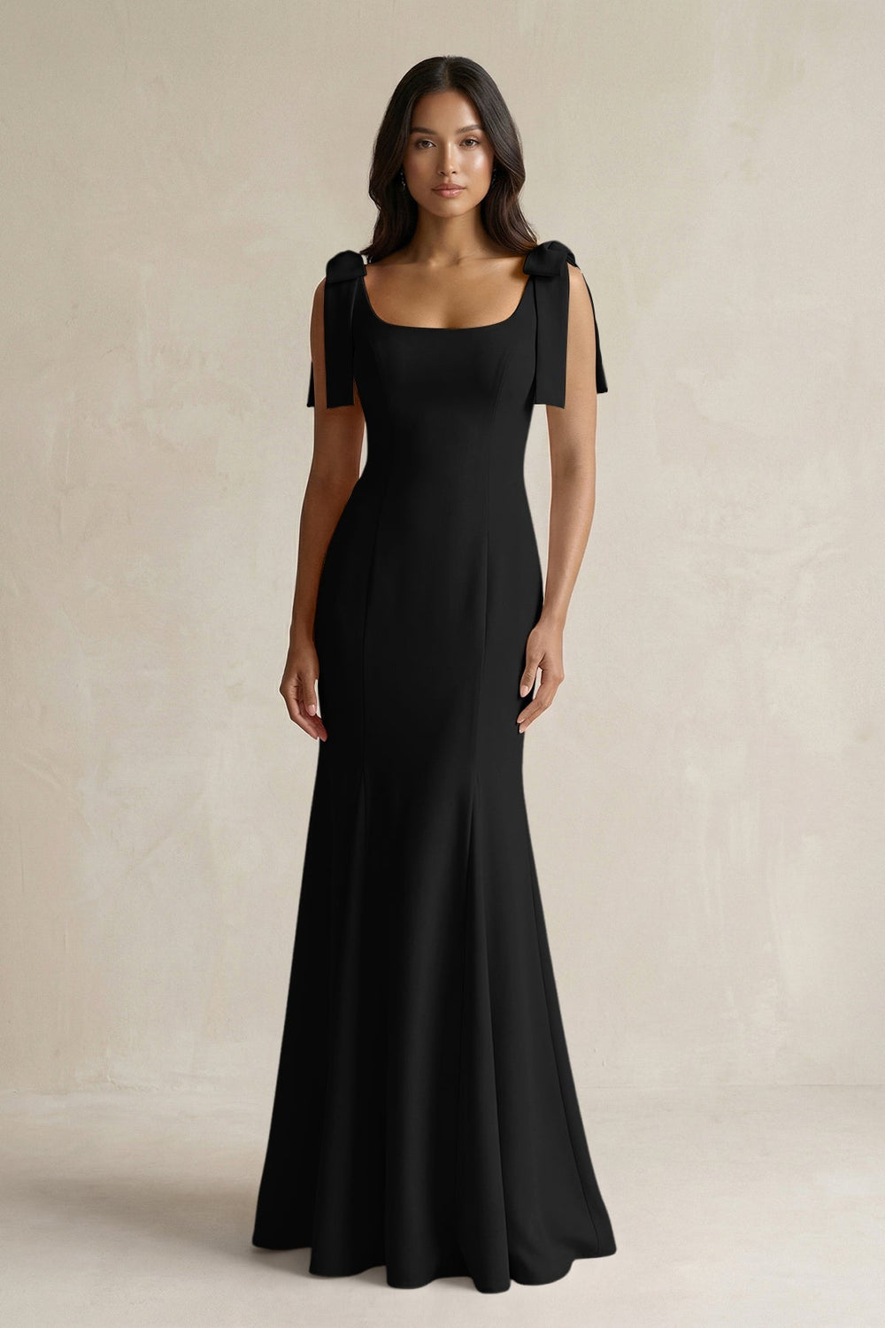 Square Neck Mermaid Bridesmaid Dress With Bow in Black - KissProm Bridesmaid Dresses