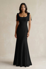 Square Neck Mermaid Bridesmaid Dress With Bow in Black - KissProm Bridesmaid Dresses