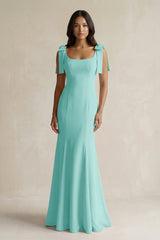 Square Neck Mermaid Bridesmaid Dress With Bow in Bleached Aqua - KissProm Bridesmaid Dresses