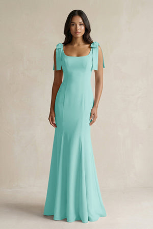 Square Neck Mermaid Bridesmaid Dress With Bow in Bleached Aqua - KissProm Bridesmaid Dresses