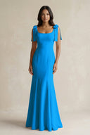 Square Neck Mermaid Bridesmaid Dress With Bow in Blue Jay - KissProm Bridesmaid Dresses