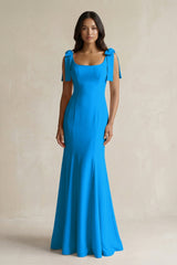 Square Neck Mermaid Bridesmaid Dress With Bow in Blue Jay - KissProm Bridesmaid Dresses