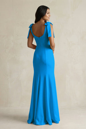 Square Neck Mermaid Bridesmaid Dress With Bow in Blue Jay - KissProm Bridesmaid Dresses