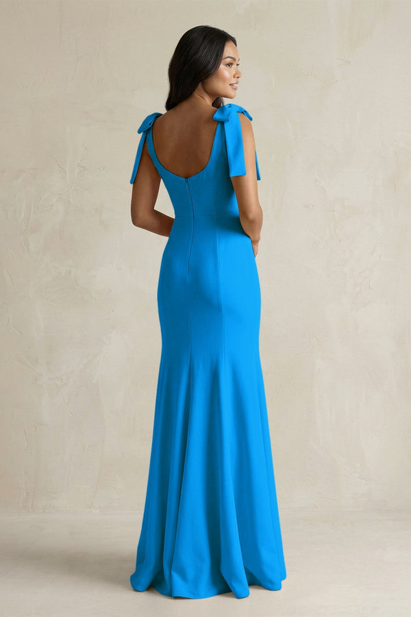 Square Neck Mermaid Bridesmaid Dress With Bow in Blue Jay - KissProm Bridesmaid Dresses