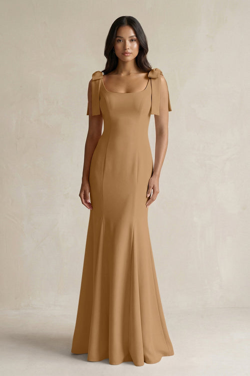 Square Neck Mermaid Bridesmaid Dress With Bow in Bronzer - KissProm Bridesmaid Dresses